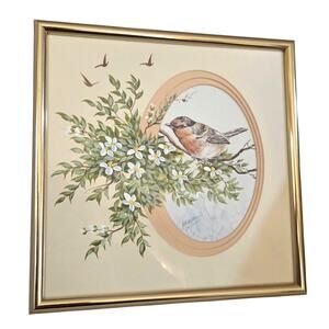 Patti Milburn Limited Ed Signed Hand Painted Bird Branch Brass Framed Daisy